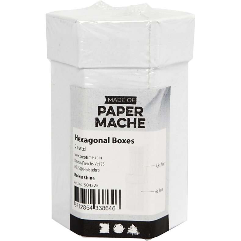 Sekskantede &aelig;sker, H: 7+9 cm, str. 4,5+6 cm, hvid, 2 stk./ 1 s&aelig;t