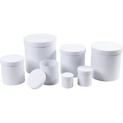 &AElig;sker, runde, H: 7,5+10,2 +12,7+15,2 +17,7+20,2 +22,7 cm, diam. 7+9 +12+14,5 +17+19,5 +22 cm, hvid, 7 stk./ 1 s&aelig;t