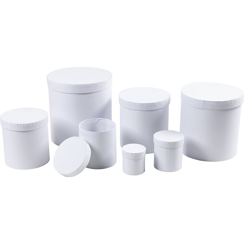 &AElig;sker, runde, H: 7,5+10,2 +12,7+15,2 +17,7+20,2 +22,7 cm, diam. 7+9 +12+14,5 +17+19,5 +22 cm, hvid, 7 stk./ 1 s&aelig;t