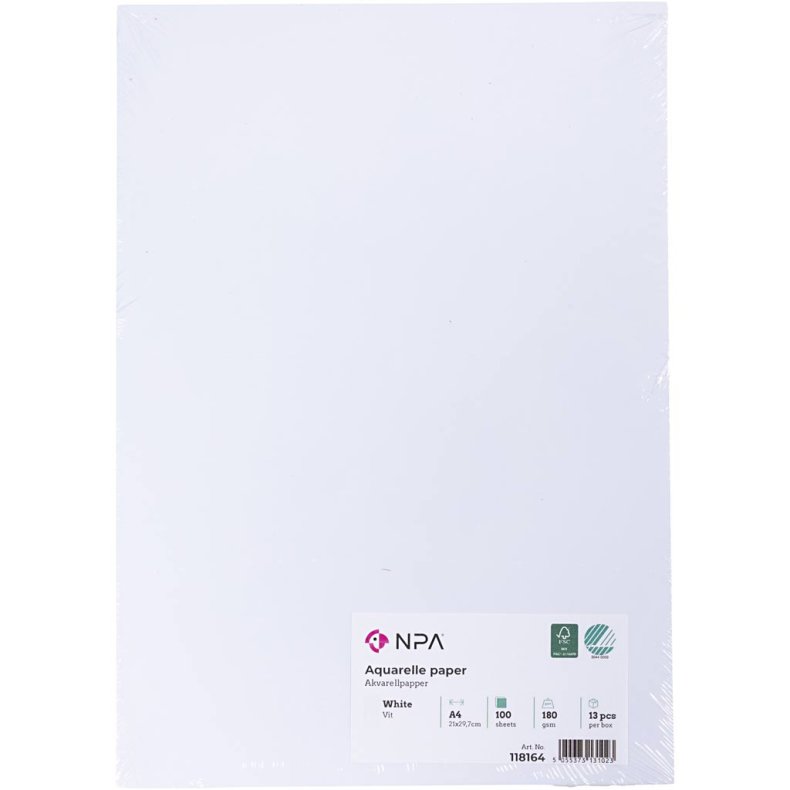 Akvarelpapir, A4, 180 g, hvid, 100 ark/ 1 pk.