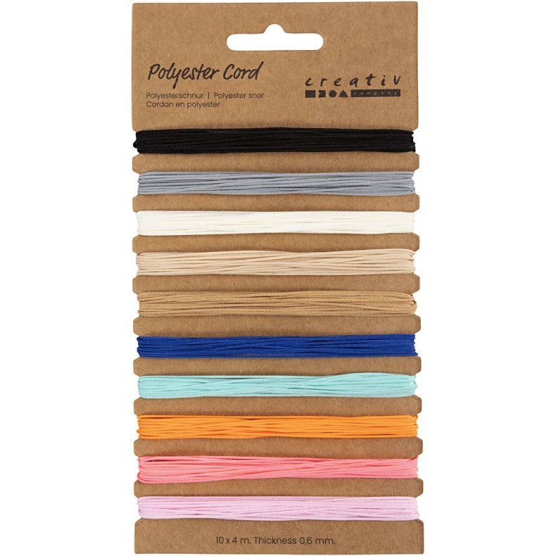 Polyester snor, tykkelse 0,6 mm, ass. farver, 10x4 m/ 1 pk.