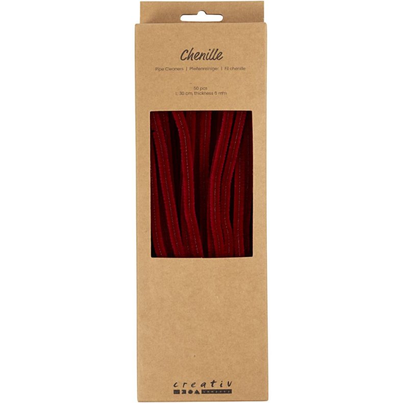 Chenille, L: 30 cm, tykkelse 6 mm, m&oslash;rk r&oslash;d, 50 stk./ 1 pk.