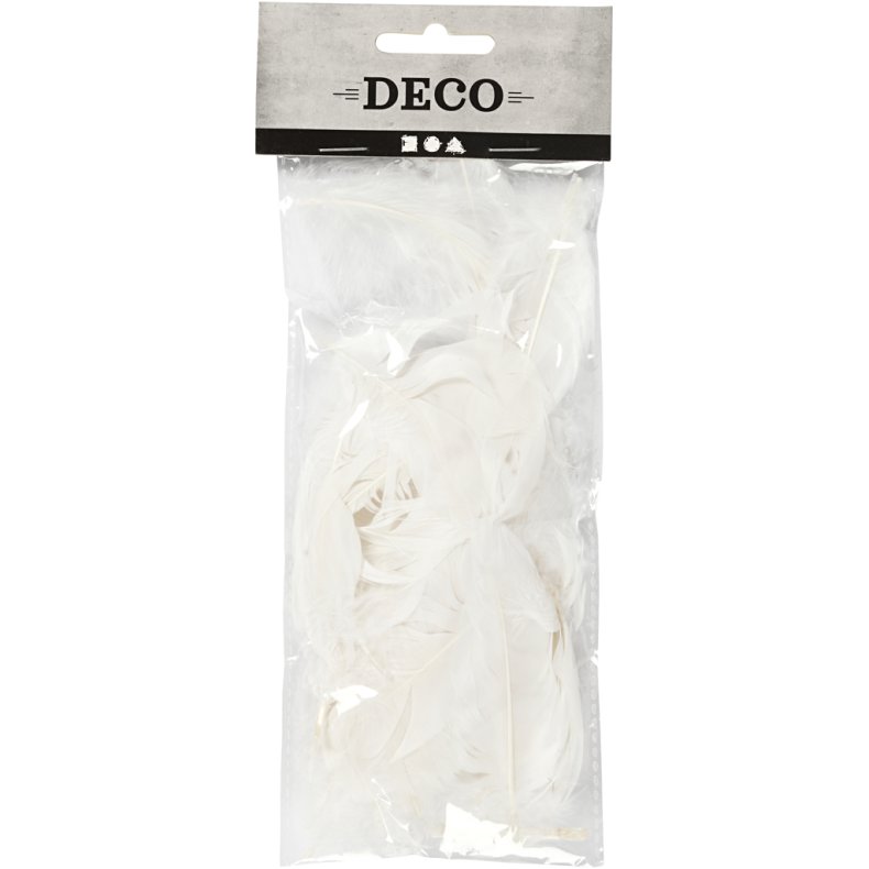 Rundfjer, g&aring;s, L: 5-8 cm, ca. 70 stk., hvid, 3 g/ 1 pk.