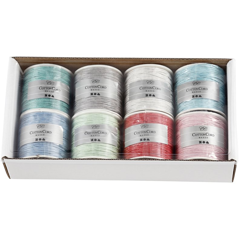 Bomuldssnor, tykkelse 1 mm, ass. farver, 8x40 m/ 1 pk.