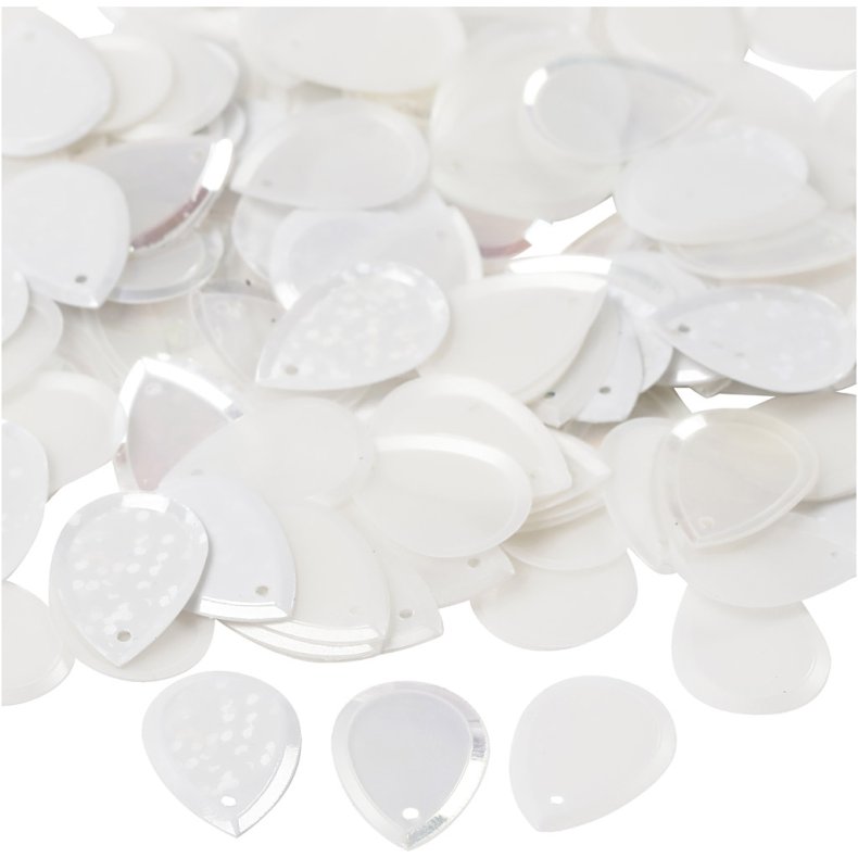 Pailletter, dr&aring;be, str. 14x19 mm, hvid, 50 g/ 1 pk.