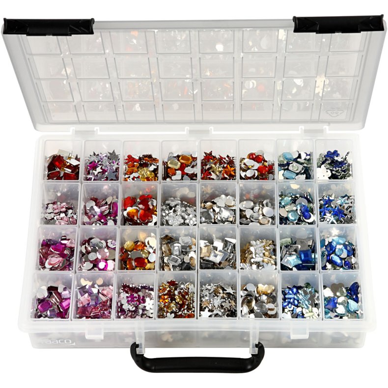 Rhinsten, diam. 6-16 mm, ass. farver, 32x360 stk./ 1 pk.