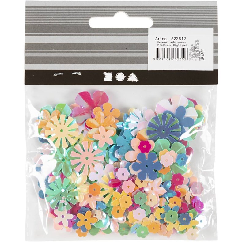 Pailletter, str. 6-20 mm, ca. 390 stk., pastelfarver, 10 g/ 1 pk.