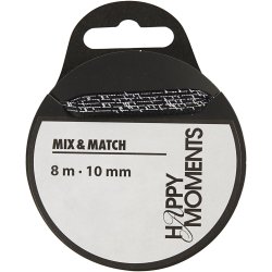 Satinb&aring;nd med print, B: 10 mm, sort, 8 m/ 1 rl.