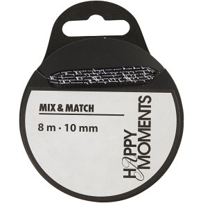 Satinbånd med print, B: 10 mm, sort, 8 m/ 1 rl.