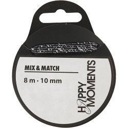 Satinb&aring;nd med print, B: 10 mm, sort, 8 m/ 1 rl.