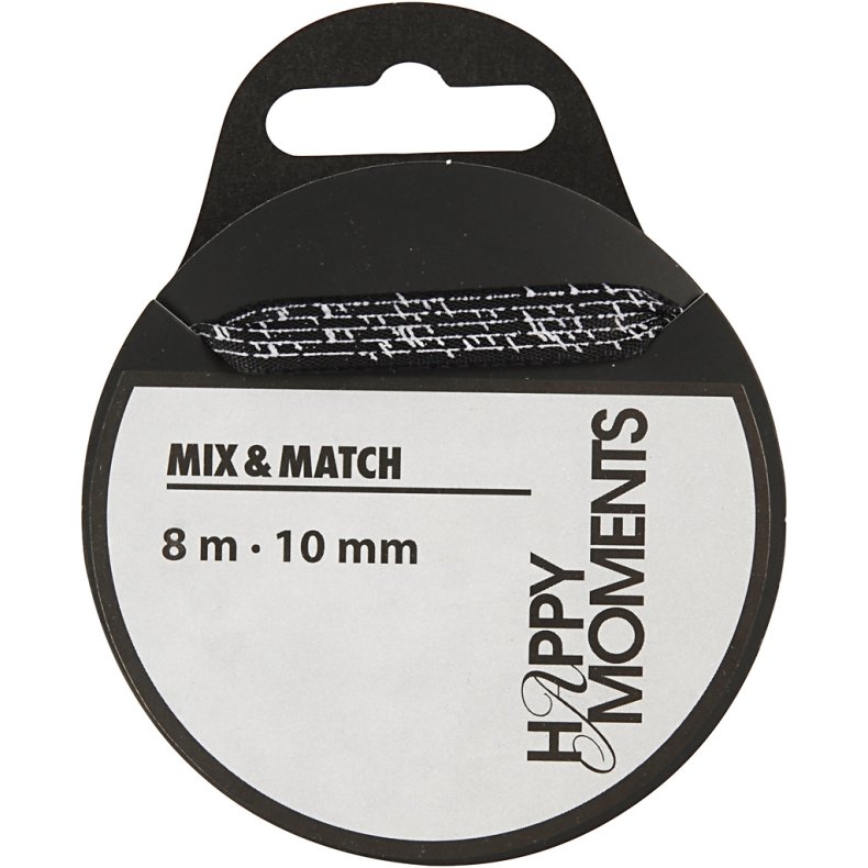 Satinb&aring;nd med print, B: 10 mm, sort, 8 m/ 1 rl.