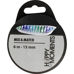 Satinb&aring;nd med print, B: 15 mm, lysebl&aring;, 6 m/ 1 rl.