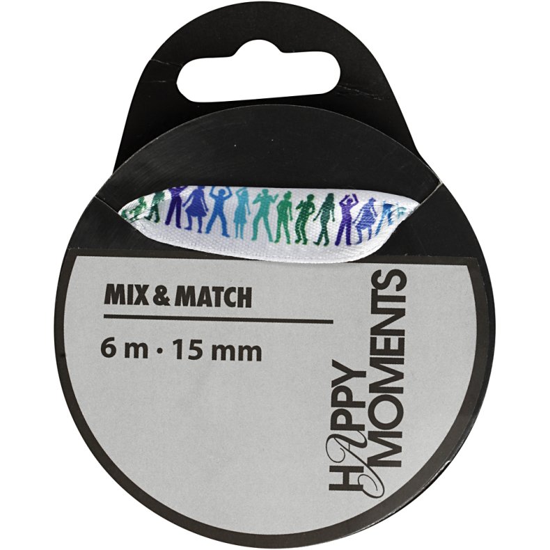 Satinb&aring;nd med print, B: 15 mm, lysebl&aring;, 6 m/ 1 rl.