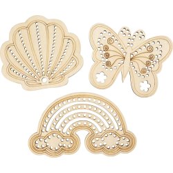 Tr&aelig;figur med huller, Regnbue, musling, sommerfugl, str. 7,5-13 cm, 24 stk./ 1 pk.