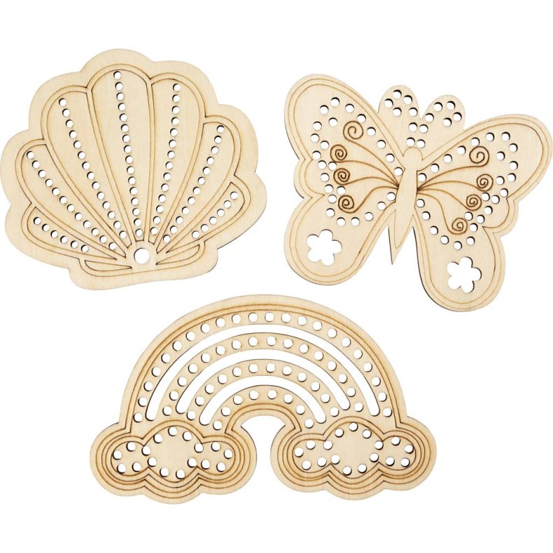 Tr&aelig;figur med huller, Regnbue, musling, sommerfugl, str. 7,5-13 cm, 24 stk./ 1 pk.