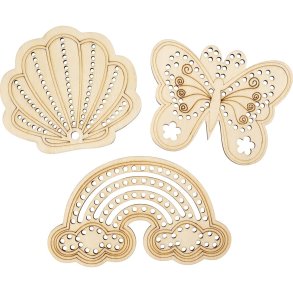 Tr&aelig;figur med huller, Regnbue, musling, sommerfugl, str. 7,5-13 cm, 6 stk./ 1 pk.