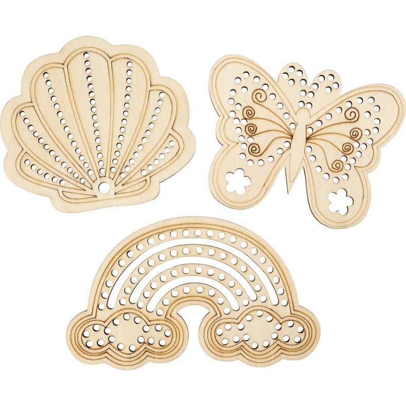 Tr&aelig;figur med huller, Regnbue, musling, sommerfugl, str. 7,5-13 cm, 6 stk./ 1 pk.