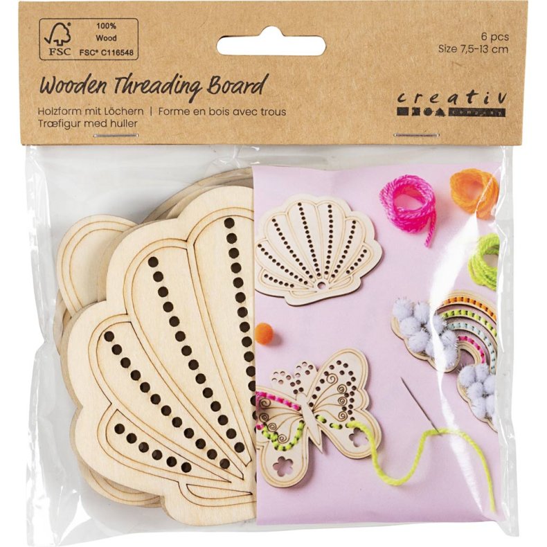 Tr&aelig;figur med huller, Regnbue, musling, sommerfugl, str. 7,5-13 cm, 6 stk./ 1 pk.