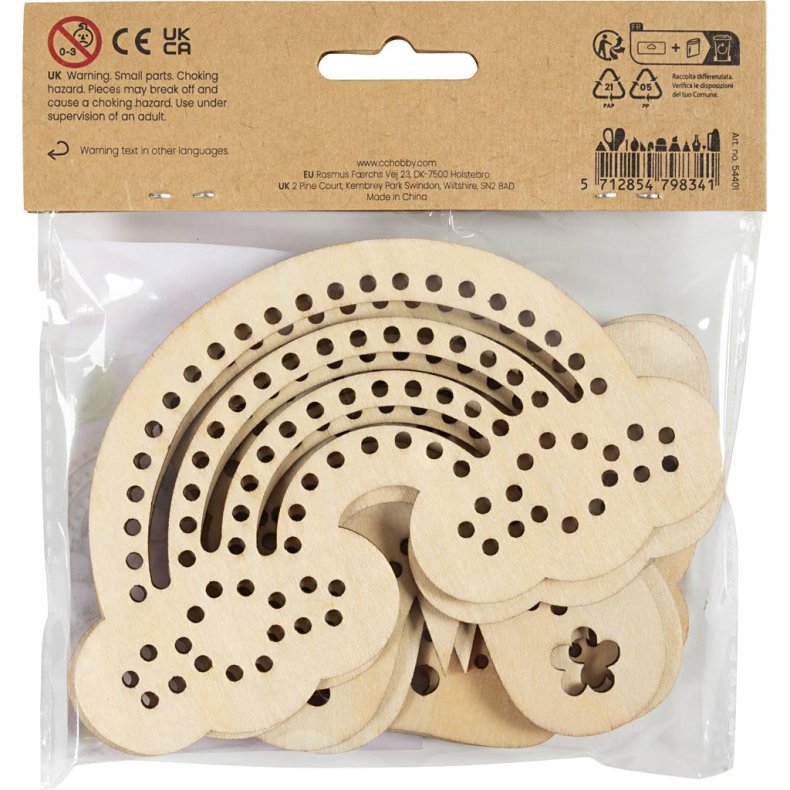 Tr&aelig;figur med huller, Regnbue, musling, sommerfugl, str. 7,5-13 cm, 6 stk./ 1 pk.