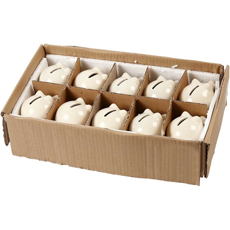 Sparegris, H: 8 cm, B: 8,5 cm, r&aring;hvid, 10 stk./ 1 pk.