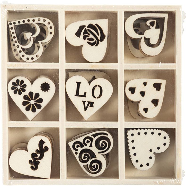 Tr&aelig;pynt, hjerte, str. 28 mm, tykkelse 2 mm, 45 stk./ 1 pk.