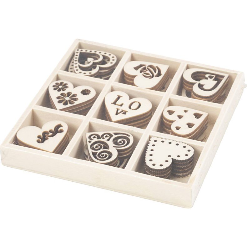 Tr&aelig;pynt, hjerte, str. 28 mm, tykkelse 2 mm, 45 stk./ 1 pk.