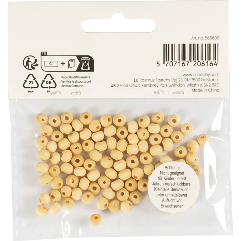 Tr&aelig;perle, diam. 5 mm, hulstr. 1,5 mm, 100 stk./ 1 pk.