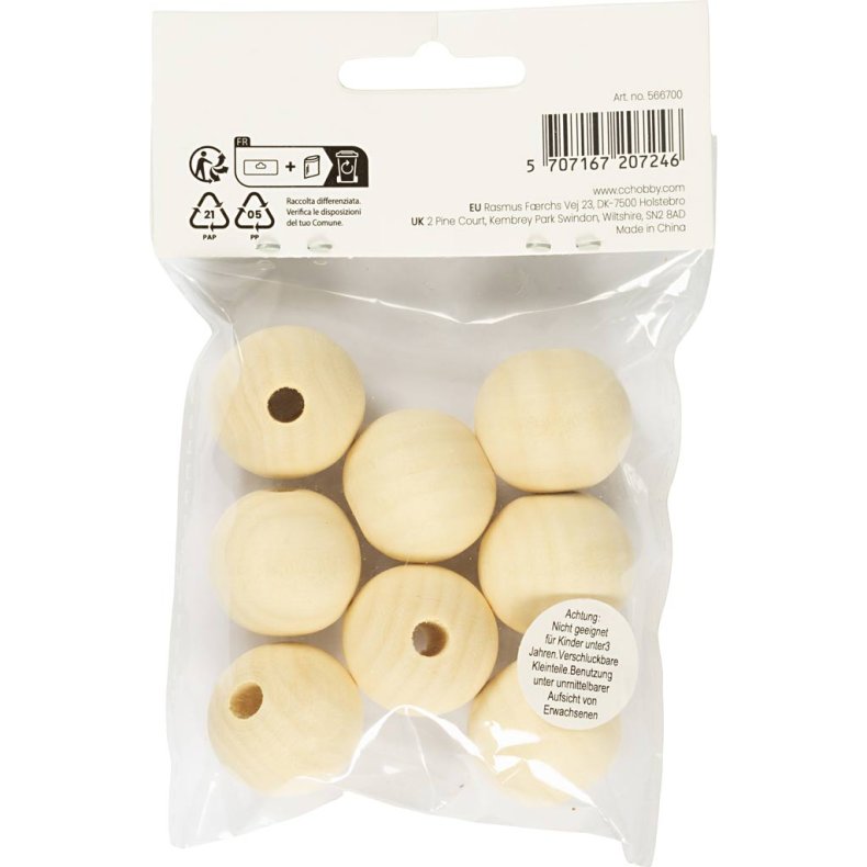 Tr&aelig;perle, diam. 25 mm, hulstr. 4,5 mm, 8 stk./ 1 pk.