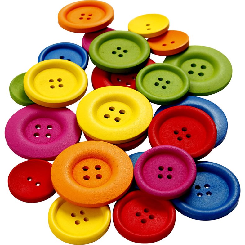 Tr&aelig;knapper, diam. 25-40 mm, 2-4 huller, ass. farver, 144 stk./ 1 pk.