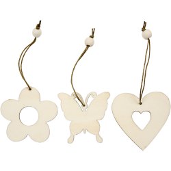 Tr&aelig;oph&aelig;ng, blomst, sommerfugl, hjerte, str. 6 cm, tykkelse 3 mm, 200 stk./ 1 pk.