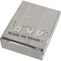 Tr&aelig;oph&aelig;ng, blomst, sommerfugl, hjerte, str. 6 cm, tykkelse 3 mm, 200 stk./ 1 pk.