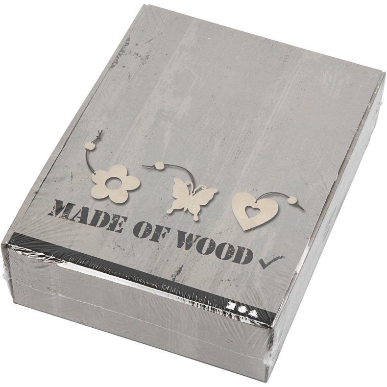 Tr&aelig;oph&aelig;ng, blomst, sommerfugl, hjerte, str. 6 cm, tykkelse 3 mm, 200 stk./ 1 pk.