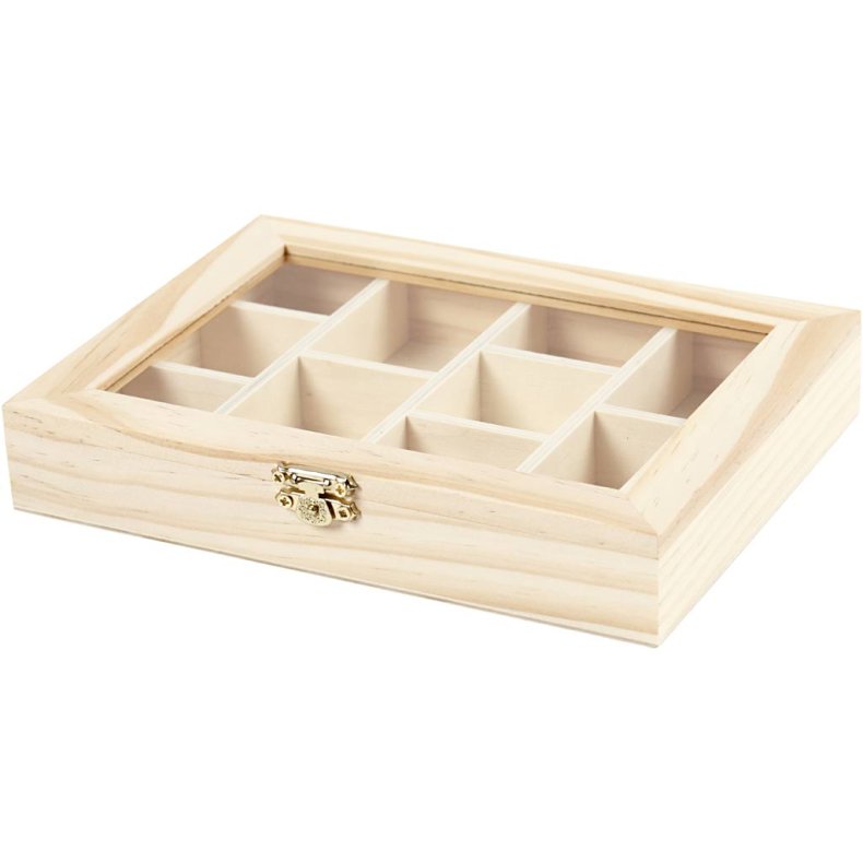 &AElig;ske med glasl&aring;g, str. 15,5x20,5x3,5 cm, hulstr. 4,3x6,6 cm, 1 stk.