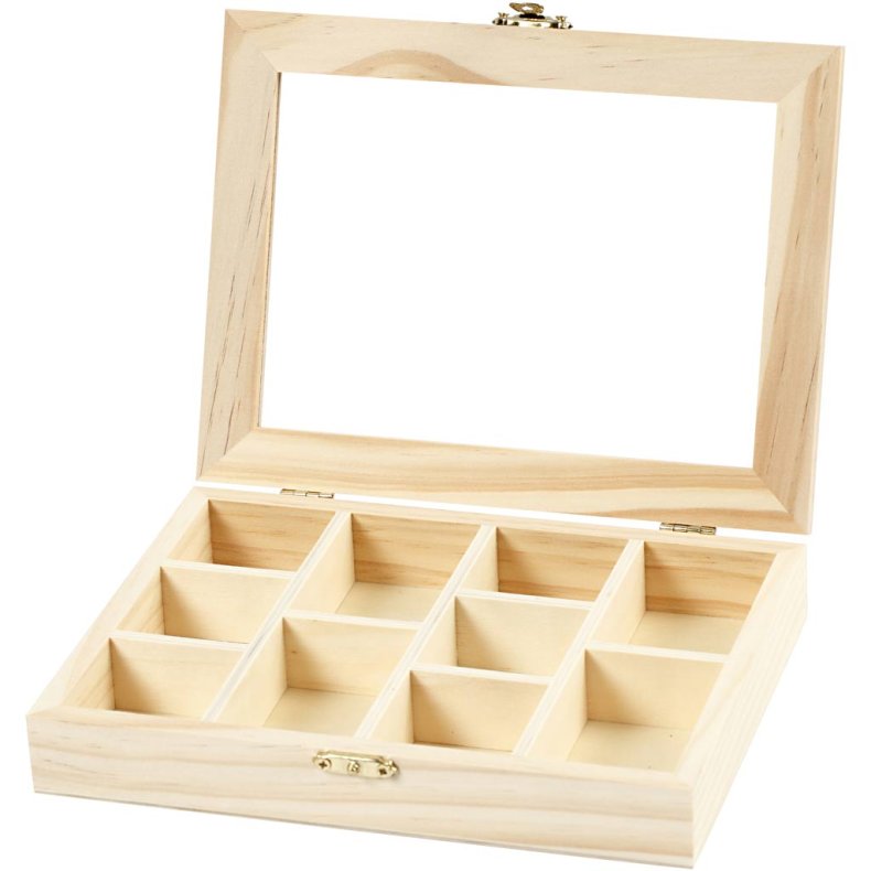 &AElig;ske med glasl&aring;g, str. 15,5x20,5x3,5 cm, hulstr. 4,3x6,6 cm, 1 stk.