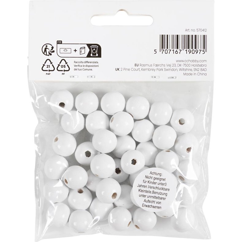 Tr&aelig;perler, diam. 12 mm, hulstr. 3 mm, ca. 40 stk., hvid, 22 g/ 1 pk.