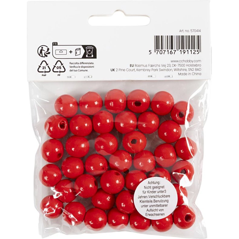 Tr&aelig;perler, diam. 12 mm, hulstr. 3 mm, ca. 40 stk., r&oslash;d, 22 g/ 1 pk.