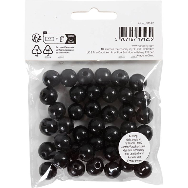 Tr&aelig;perler, diam. 12 mm, hulstr. 3 mm, ca. 40 stk., sort, 22 g/ 1 pk.