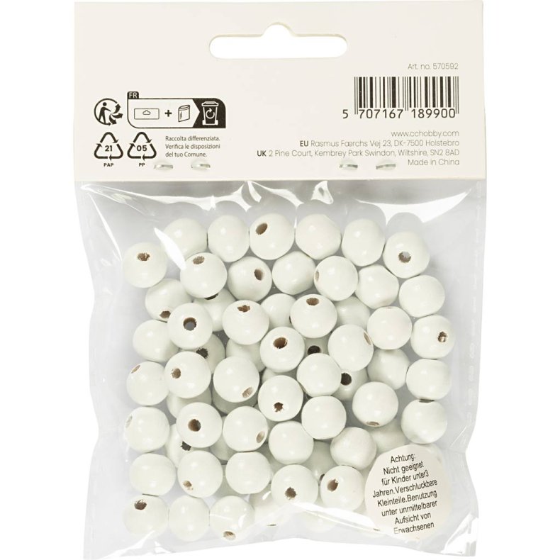 Tr&aelig;perler, diam. 10 mm, hulstr. 3 mm, ca. 70 stk., hvid, 20 g/ 1 pk.