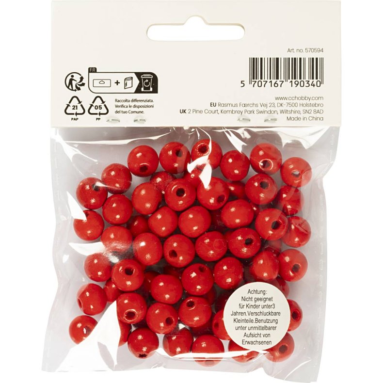 Tr&aelig;perler, diam. 10 mm, hulstr. 3 mm, ca. 70 stk., r&oslash;d, 20 g/ 1 pk.