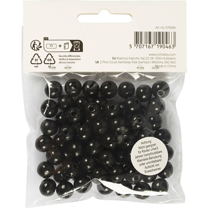 Tr&aelig;perler, diam. 10 mm, hulstr. 3 mm, ca. 70 stk., sort, 20 g/ 1 pk.