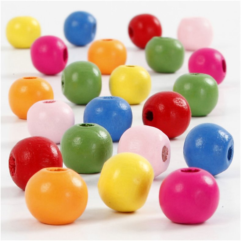 Tr&aelig;perler, diam. 10 mm, hulstr. 2,5-3 mm, ca. 1500 stk., ass. farver, 500 g/ 1 ps.