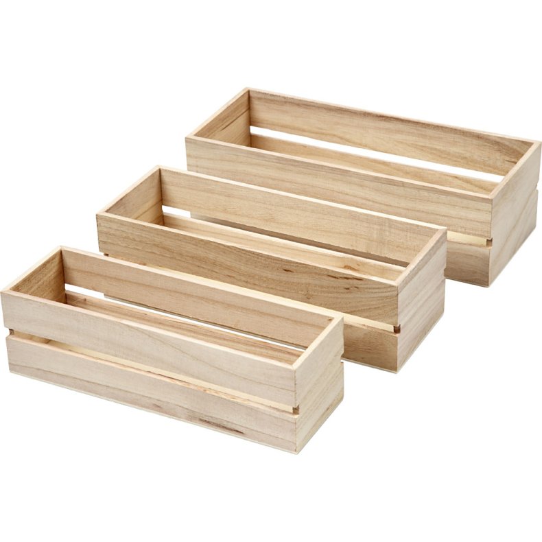 Tr&aelig;kasser, H: 6,5+7+7,5 cm, L: 22+23,5+25 cm, B: 7+8,5+10 cm, 3 stk./ 1 s&aelig;t