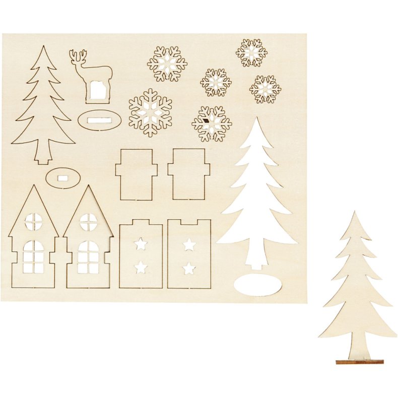 Saml-selv tr&aelig;figur, hus,tr&aelig;, hjort, L: 15,5 cm, B: 17 cm, tykkelse 3 mm, 1 pk.