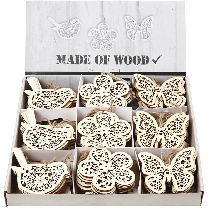 Tr&aelig;oph&aelig;ng, sommerfugl, blomst, fugl, H: 10 cm, B: 10 cm, 90 stk./ 1 pk.