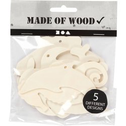 Havdyr til oph&aelig;ng, S&oslash;hest, skildpadde, delfin, musling og hval, H: 5-10 cm, B: 5-10 cm, hulstr. 3 mm, tykkelse 2 mm, 5 stk./ 1 pk.