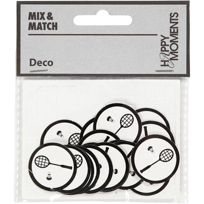 Kartonm&aelig;rkat, badmintonketcher + fjerbold, diam. 25 mm, hvid/sort, 20 stk./ 1 pk.