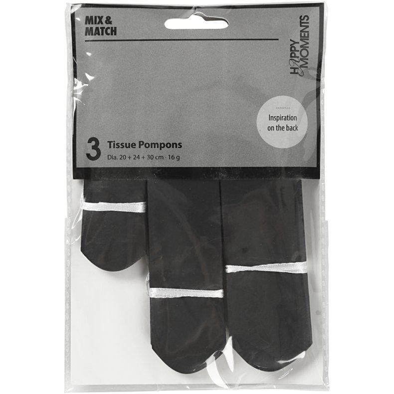 Papirpomponer, diam. 20+24+30 cm, 16 g, sort, 3 stk./ 1 pk.
