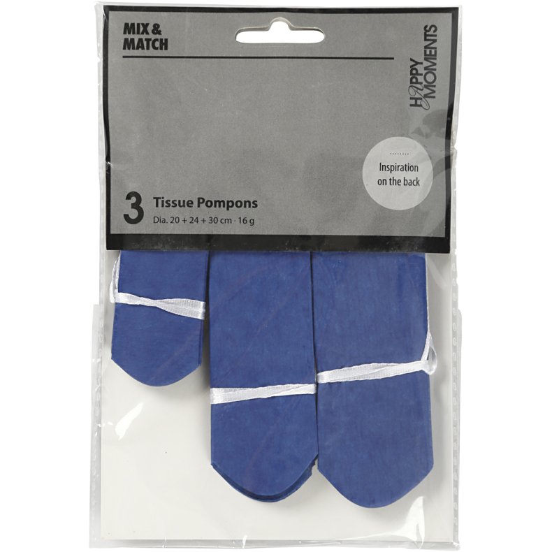 Papirpomponer, diam. 20+24+30 cm, 16 g, m&oslash;rk bl&aring;, 3 stk./ 1 pk.