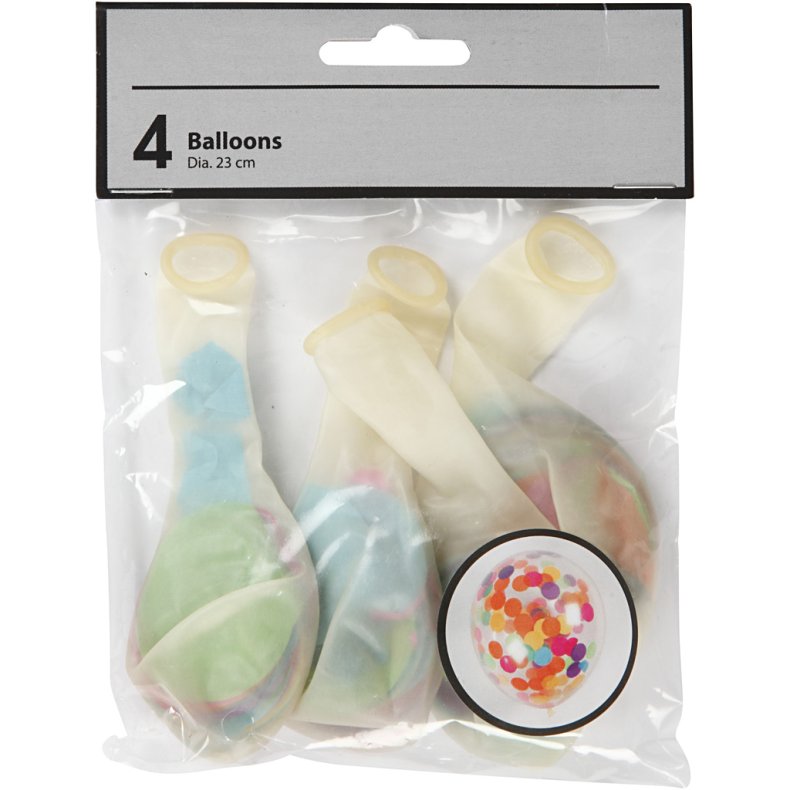 Balloner med konfetti, runde, diam. 23 cm, transparent, 4 stk./ 1 pk.