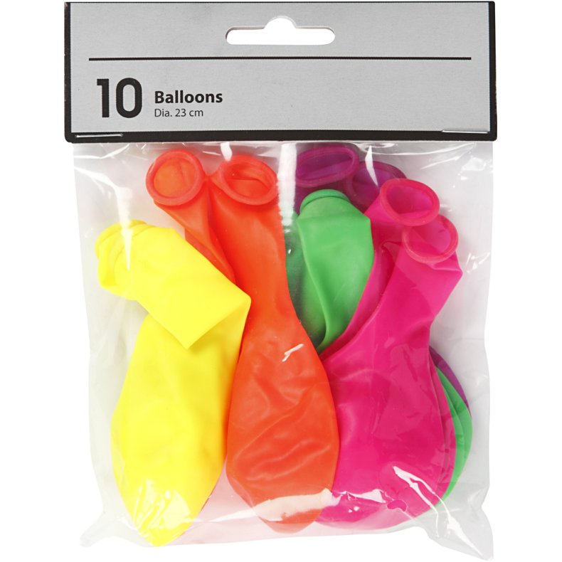 Balloner, runde, diam. 23 cm, neonfarver, 10 stk./ 1 pk.